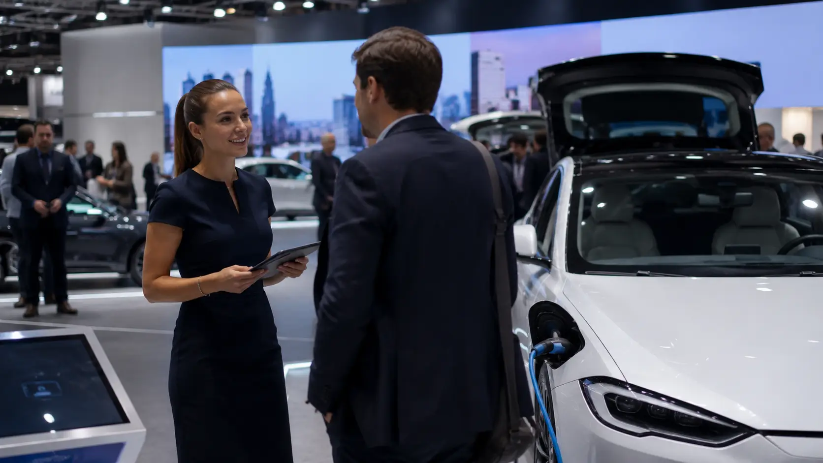 Hôtesse présentant une voiture électrique au salon automobile