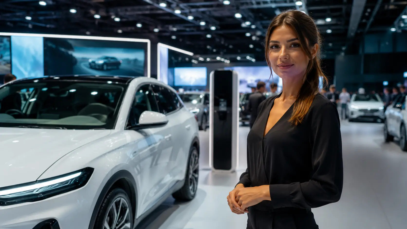 Salon automobile futuriste avec hôtesse et voiture blanche